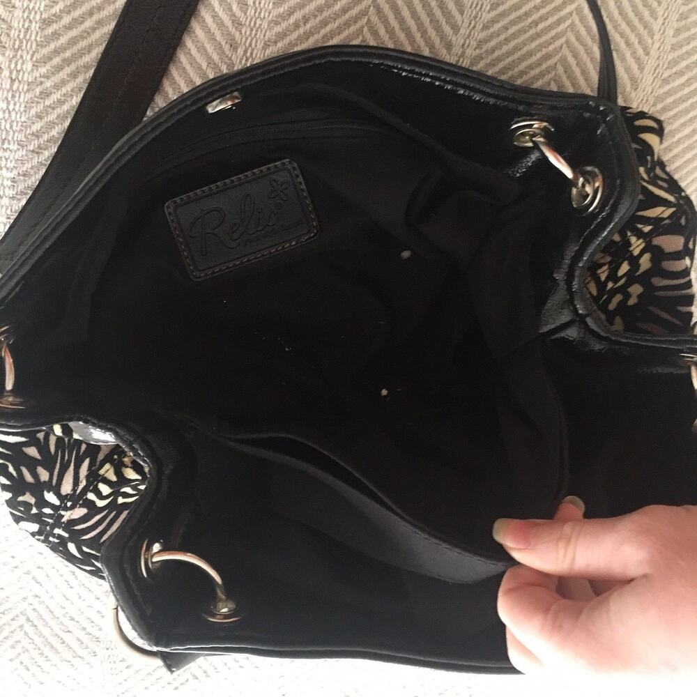 Relic Purse Black Leather and Velvet Outlines Floral Green Tan Purple Hand Bag - Picture 6 of 11